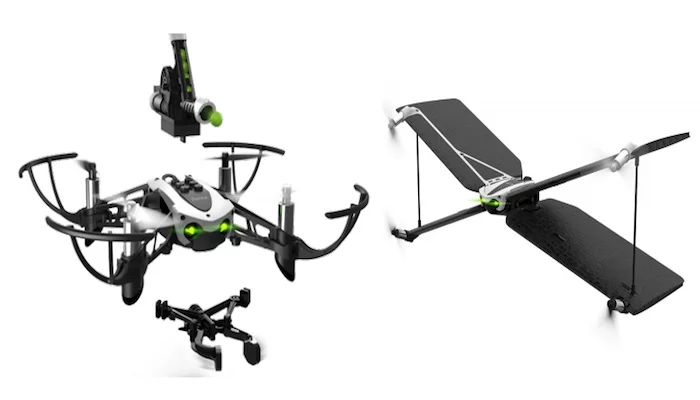 Parrot has unveiled two new minidrones: the Mambo, with attachable accessories, and the Swing, a fixed-wing drone that takes off vertically