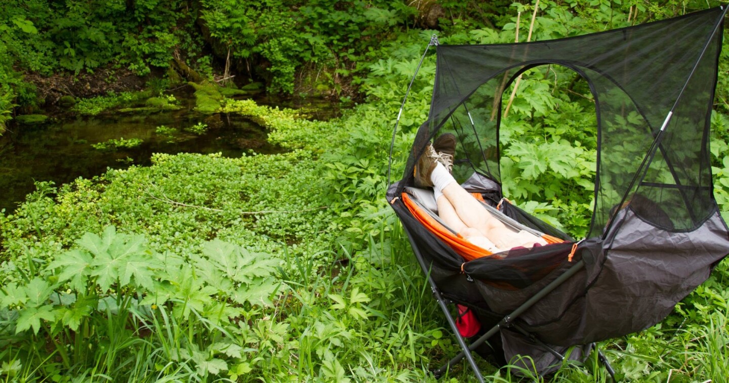 Folding camping hammock travels light and sets up without the trees