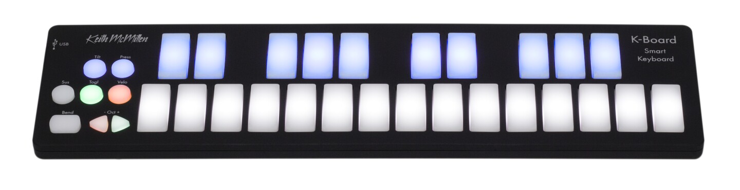 The K-Board features an LED-backlit nano keyboard with touch-sensitive "smart" fabric under each of its 25 playable keys