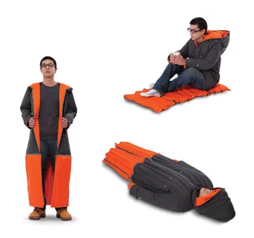 The Inflatable Sleeping Coat will keep you dry and warm during the day and provide you with a sleeping bag and mattress at night