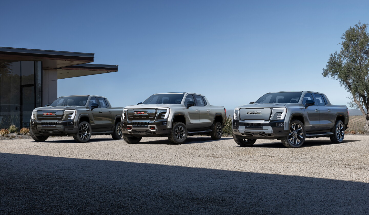 The future GMC Sierra EV family: 2025 GMC Sierra EV Elevation, 2025 GMC Sierra EV AT4, 2024 GMC Sierra EV Denali Edition 1 (left to right)