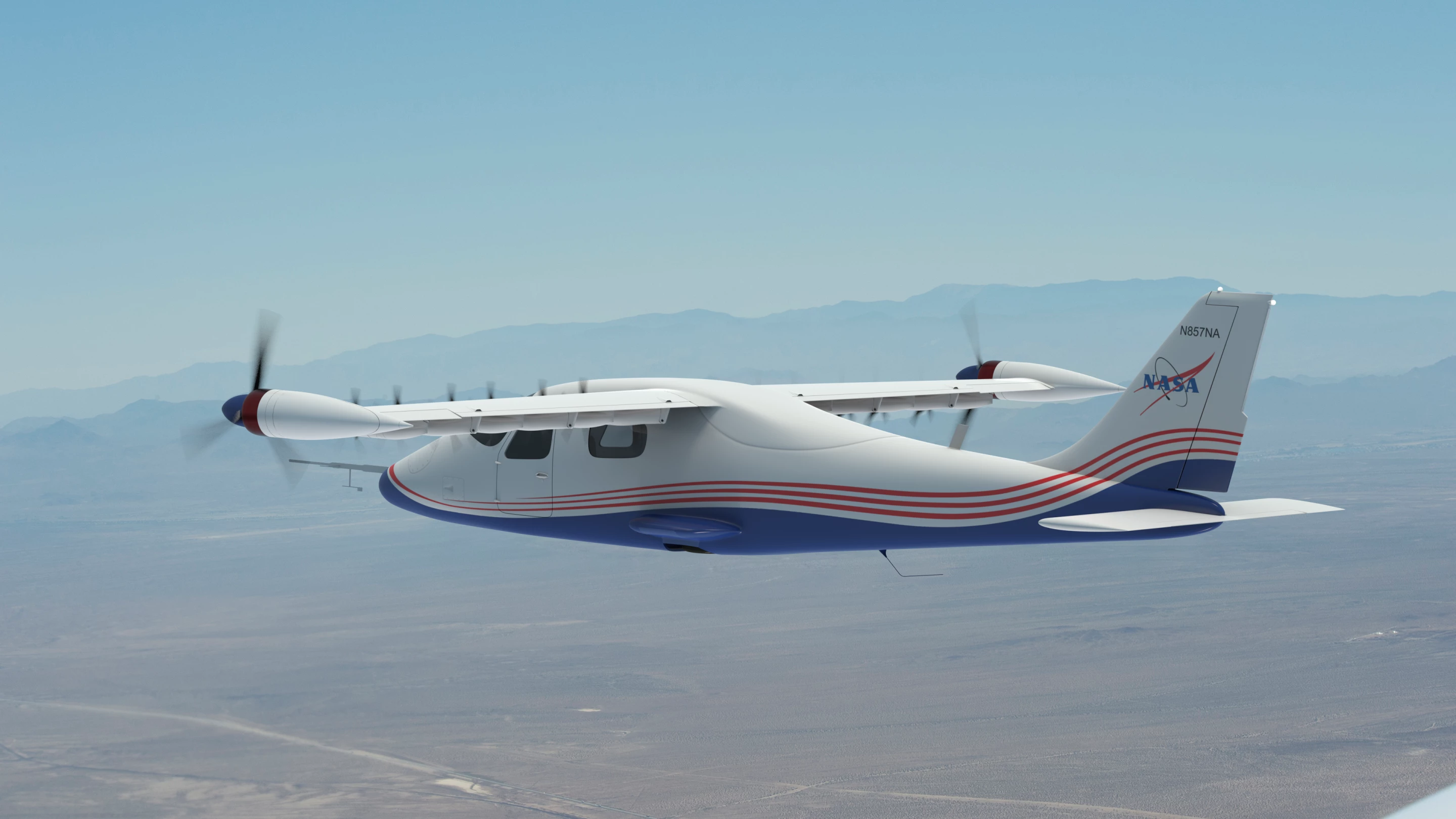 This artist’s concept image shows NASA’s first all-electric X-plane, the X-57 Maxwell, flying shortly after takeoff