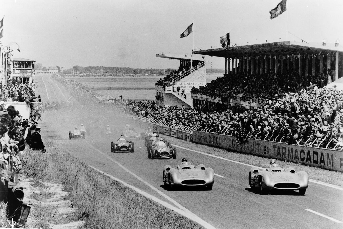 The flag drops at Reims in the 1954 French Grand Prix and the silver Arrows are immediately in the lead.