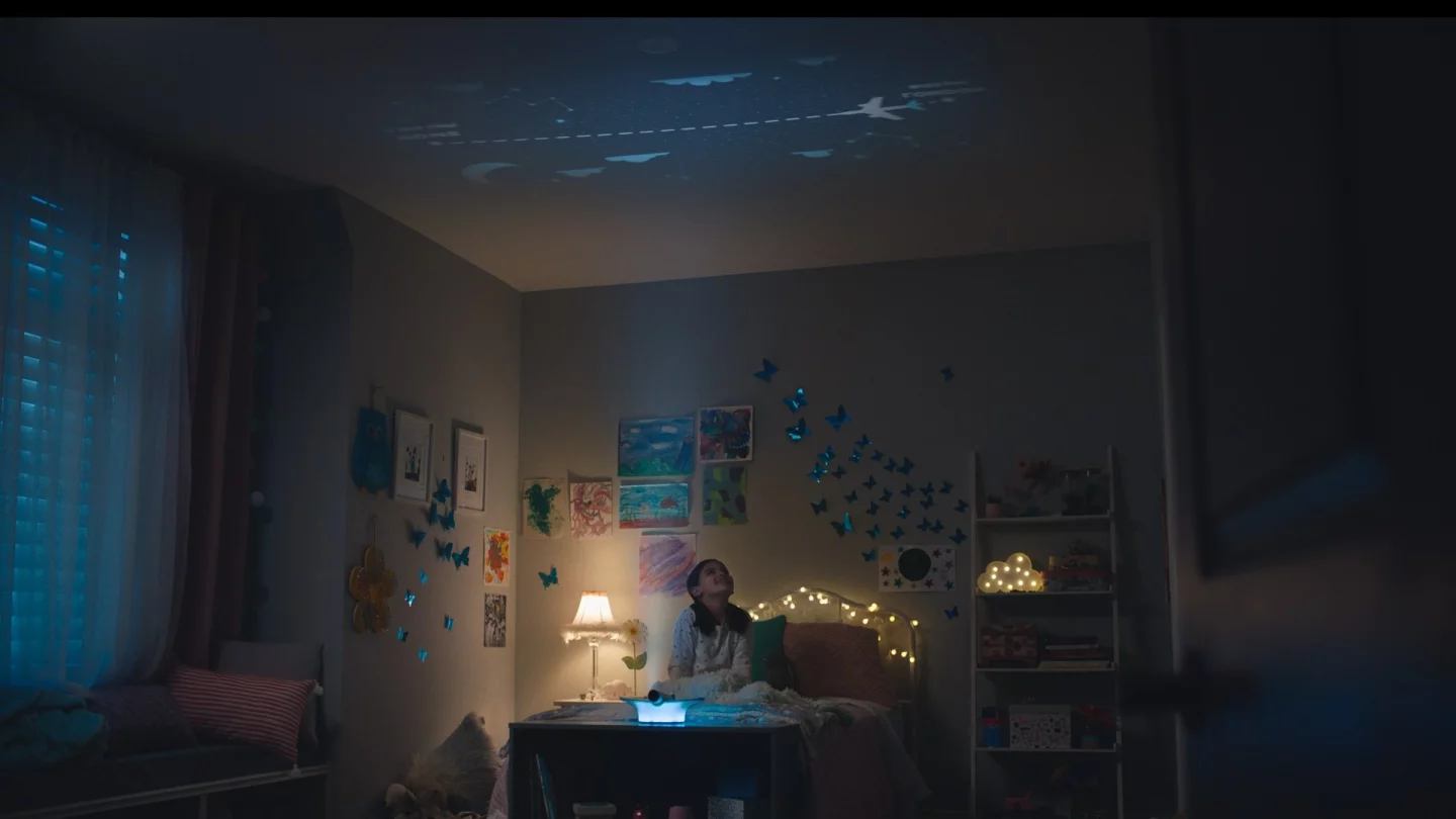 The WestJet Flight Light projects a continuously-updated flight map onto a child's bedroom ceiling