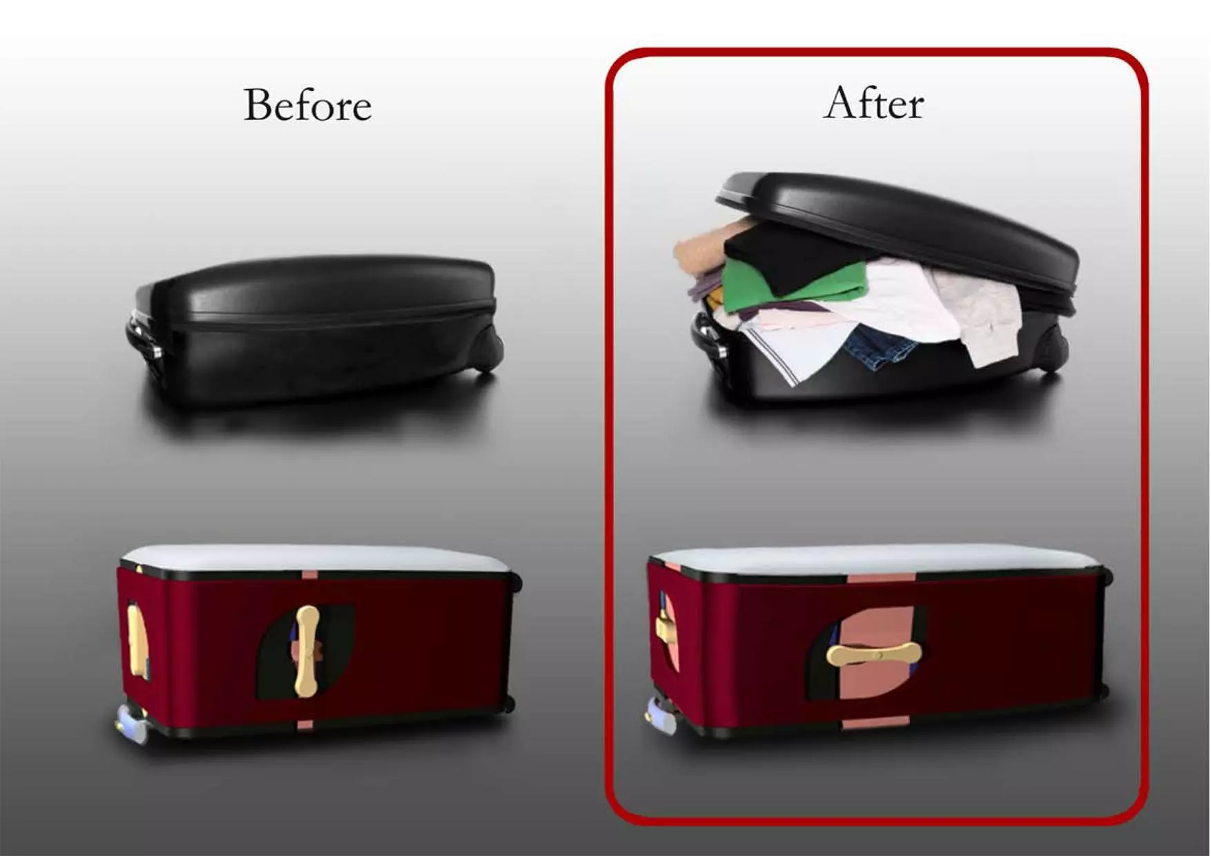 Sum is about getting the travel baggage volume bigger by changing the form, it works by just turning and pressing the button