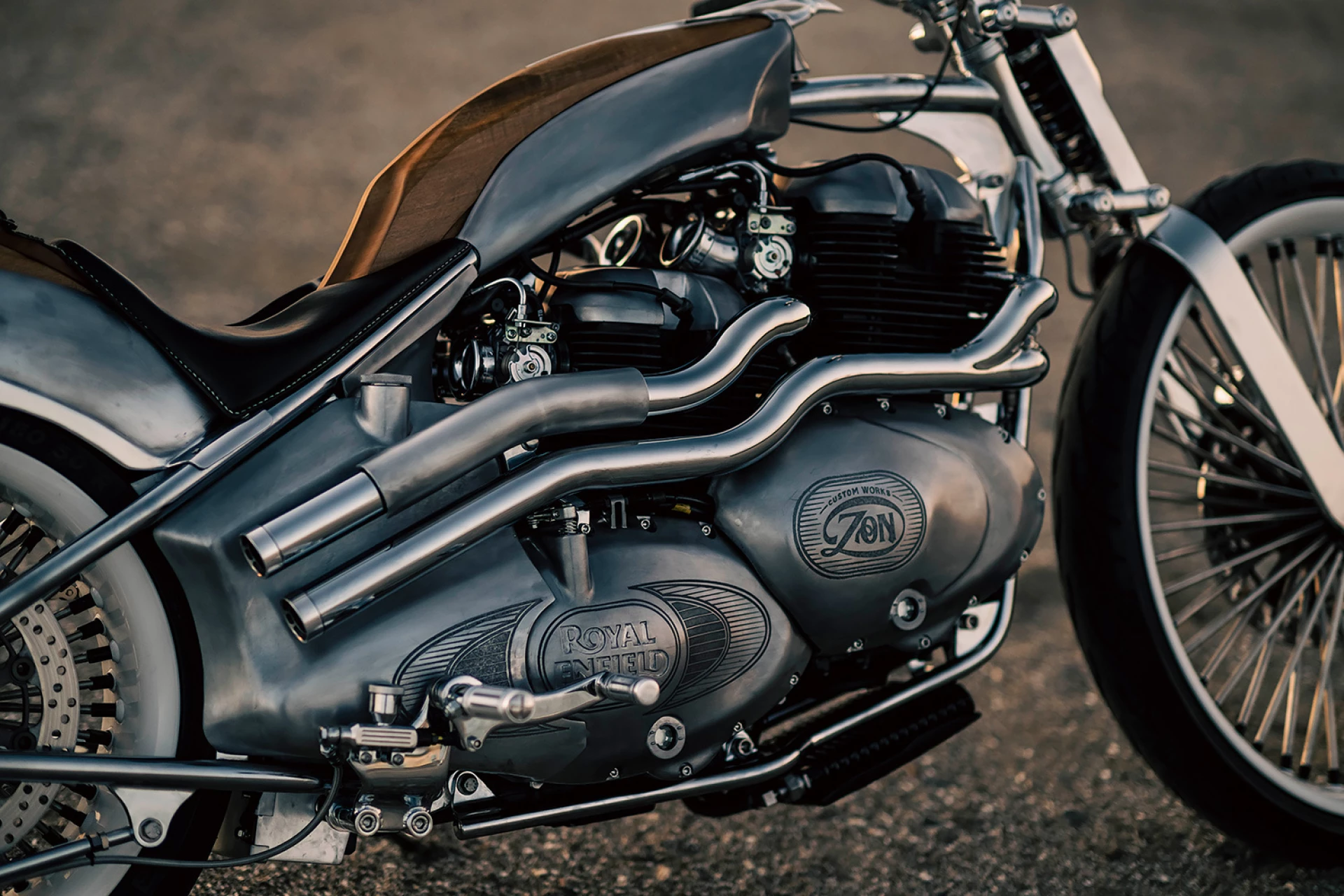 This custom Royal Enfield chopper is fitted with a four-cylinder drivetrain