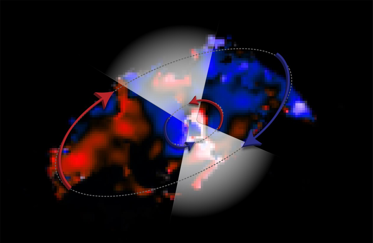 An artist's impression of the galaxy NGC 1068, showing the direction of the two disks of dust and gas. The white triangles show material that's expelled away from the inner disk.