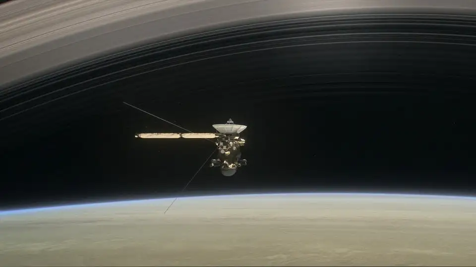 Artist's rendering of Cassini, as the spacecraft makes one of its final five dives through Saturn's upper atmosphere