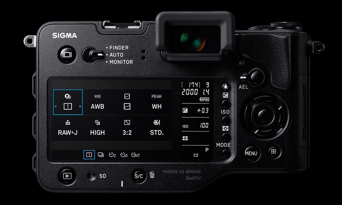 On the rear of the Sigma sd Quattro and sd Quattro H is a electronic viewfinder and a 3-inch monitor