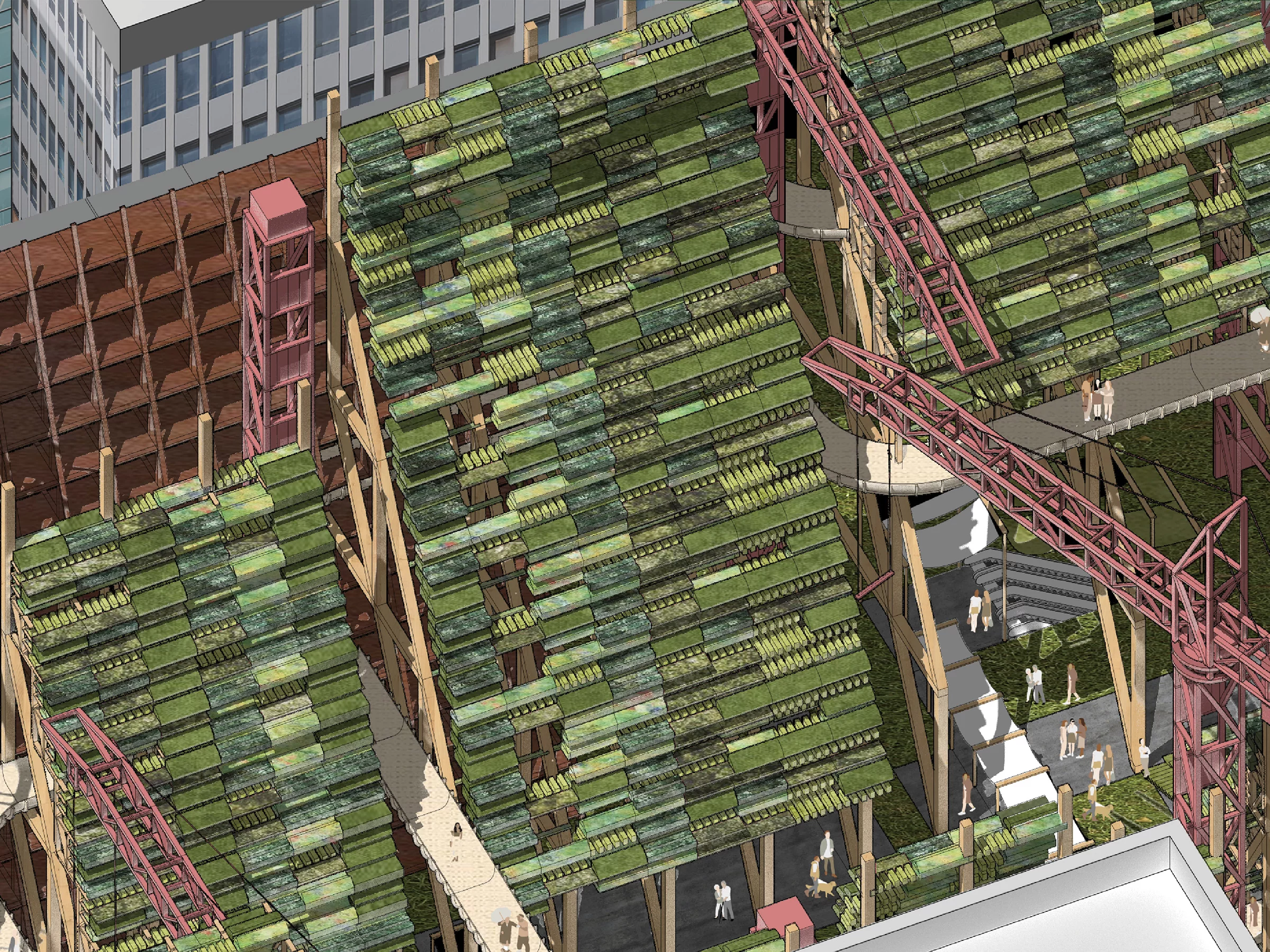 Urban Framing Depot was designed by Yifan Shen, Yue Zhuo and Xiong Fei. It's conceived as a radical high-rise method of food production that doubles as an urban monument and includes a series of areas for the sowing, growing and harvesting of food