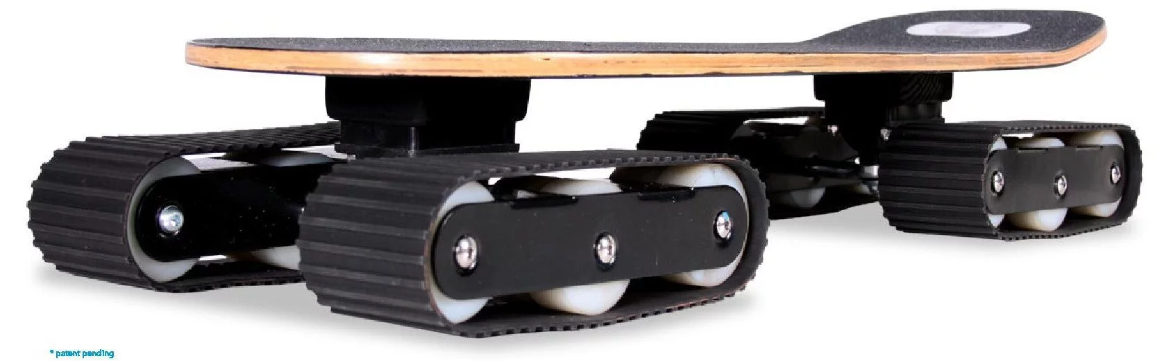 Beneath the deck are four heavy duty triple-wheel sets (with 36 wheels in total), around each of which runs a rubber tread for good traction