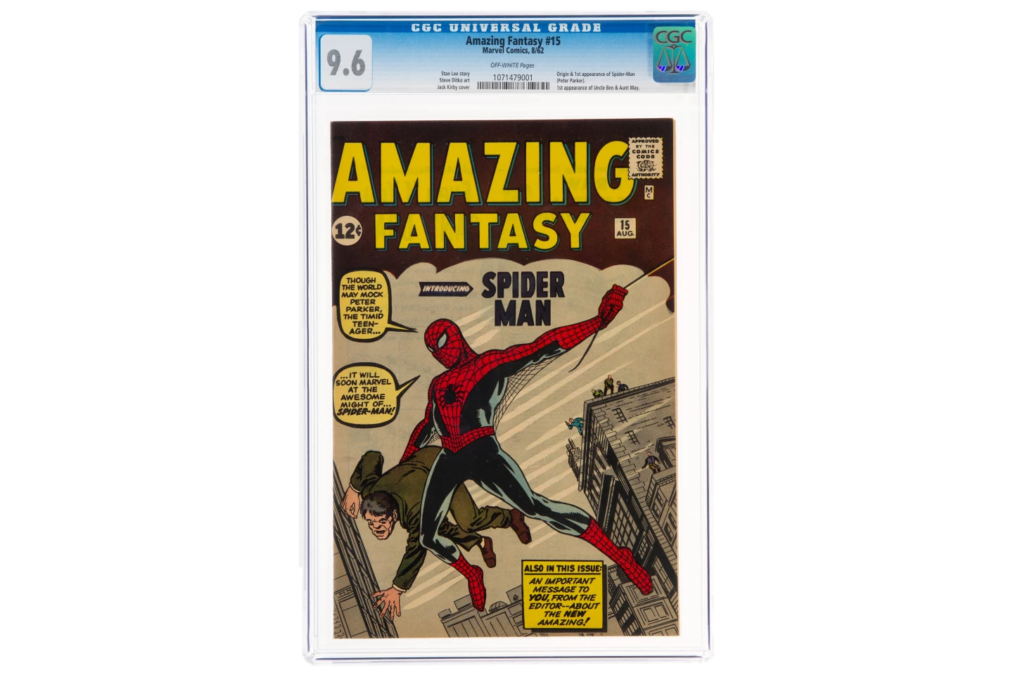 This copy of "Amazing Fantasy #15" (Marvel, 1962) was the first appearance of Spider-Man. It sold for $3,600,000 at Heritage Auctions on 9 September 2021, deposing Action Comics #1 as the world's most valuable comic for the first time in history.