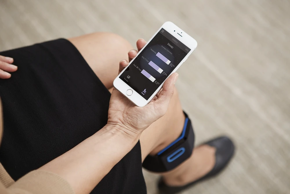 Quell connects to an iOS app (Android on the way) over Bluetooth 4.0, which enables the user to monitor their therapy sessions and the device to double as a sleep tracker