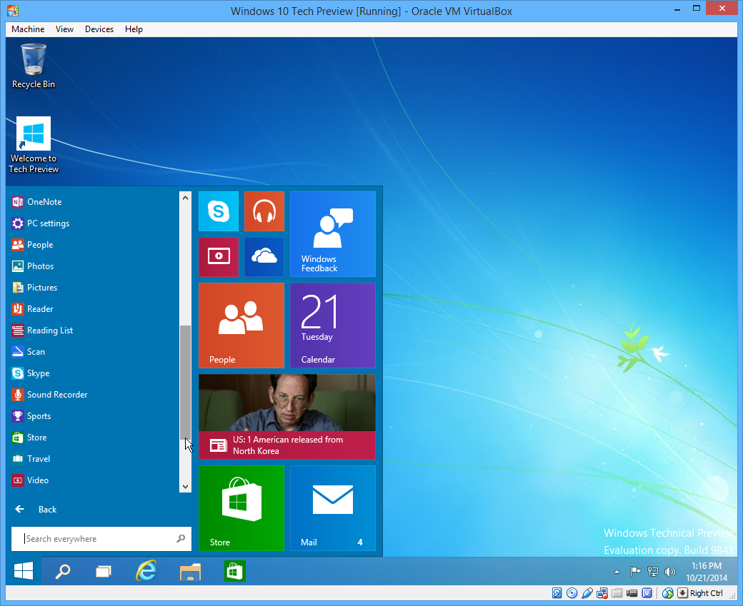 Windows 10 Tech Preview running on VirtualBox