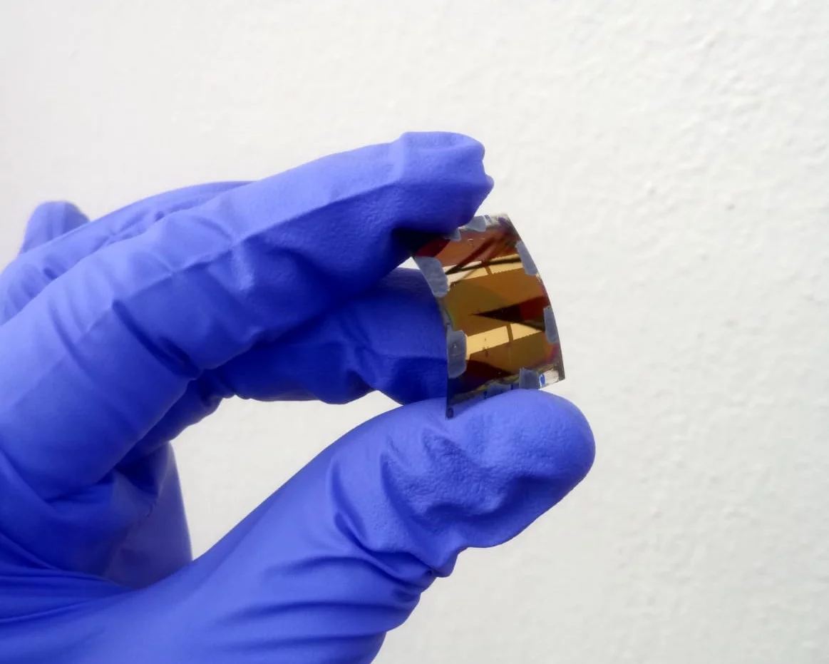 A sample of the new flexible, perovskite solar cell for use with indoor lighting