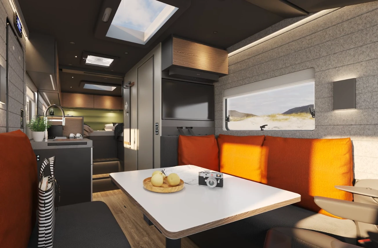 The available dining area expansion uses a swivel bench to help create a spacious five-seat lounge