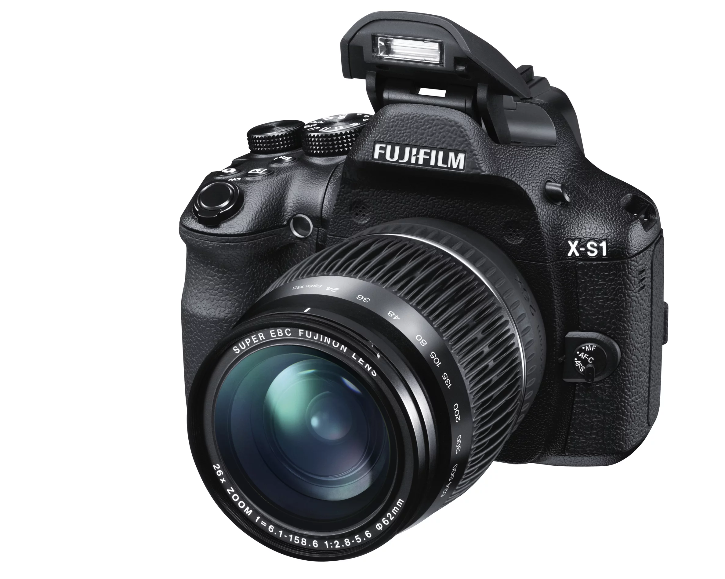 The Fujifilm FinePix X-S1 with flash open