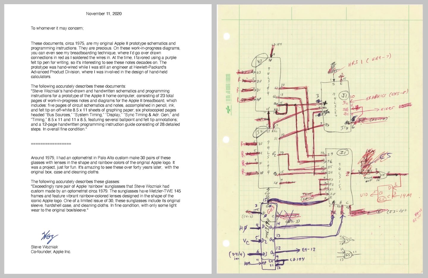 Steve Wozniak’s hand-drawn and handwritten schematics and programming instructions for a prototype of the Apple II home computer, consisting of 23 total pages of work-in-progress notes and diagrams for the Apple II breadboard. Sold for $630,273 at RR Auction on December 18, 2020