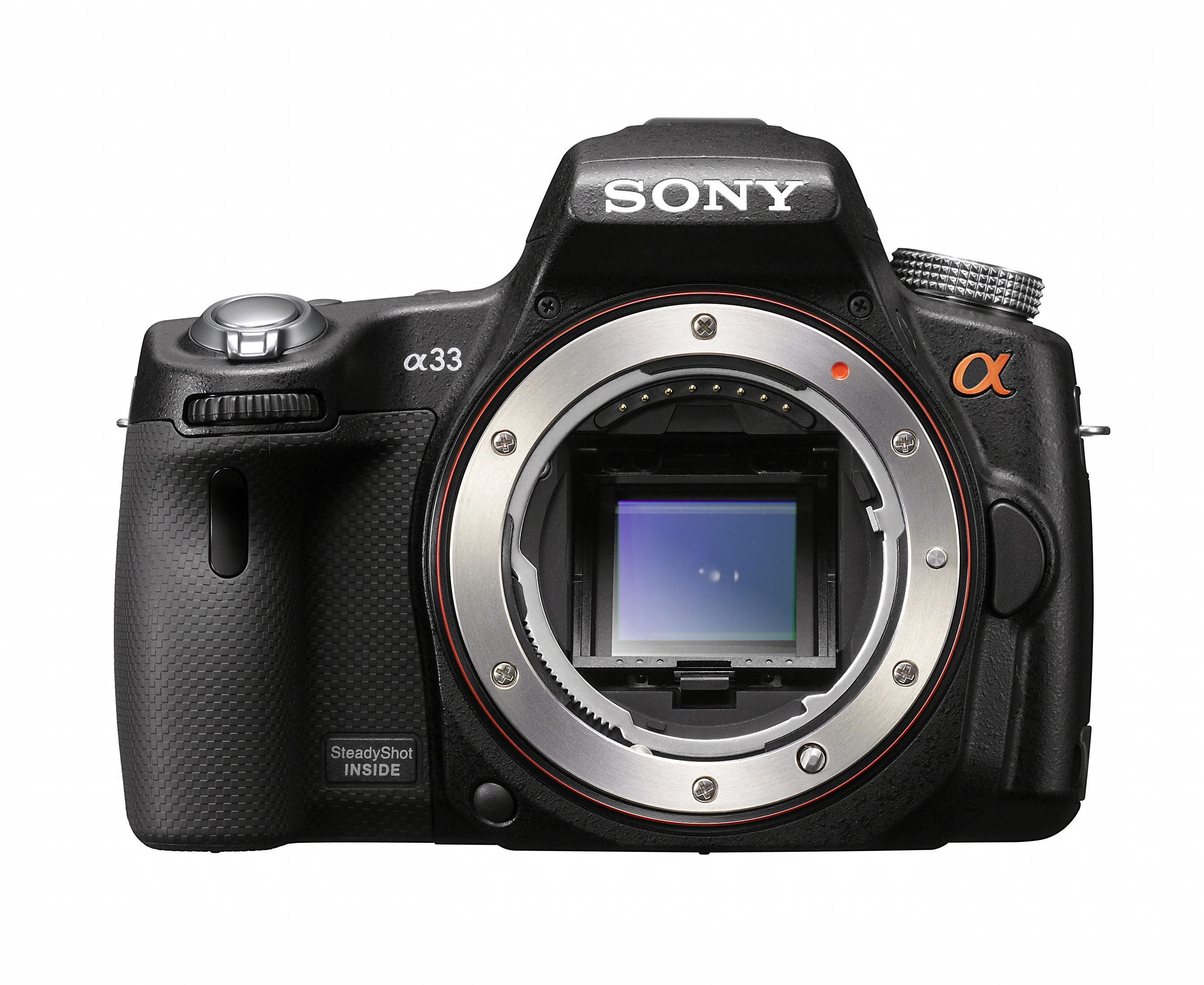 Front view of the new SLT-A55 showing the 14.2 megapixel Exmor APS HD CMOS Sensor behind the fixed position translucent mirror