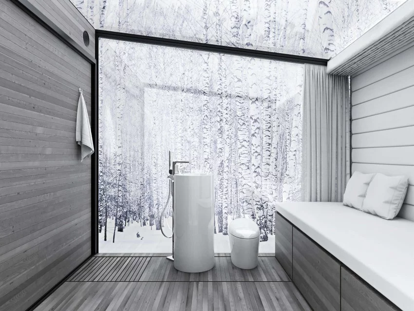 The Bed+Bath model has built-in plumbing and a bedroom