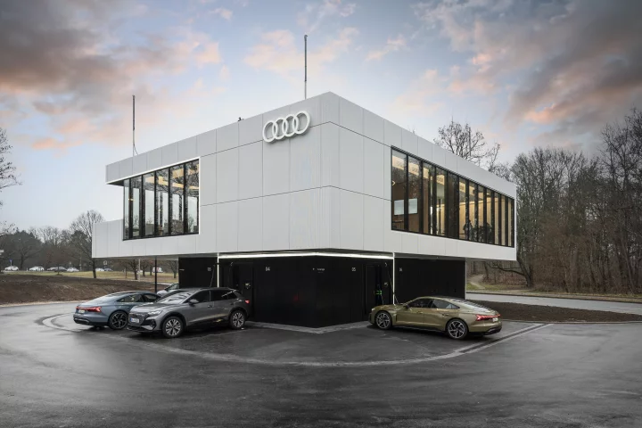 The Audi urban charging hub concept features six fast-charging spots plus a customer lounge for drivers to work or relax while waiting for their electric cars to charge