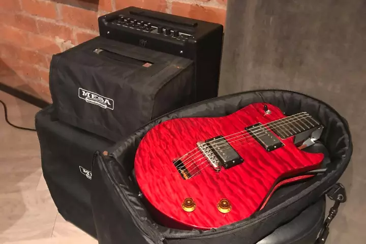 The Ascender is a premium full-size electric guitar that can be folded down to fit in a standard backpack for travel