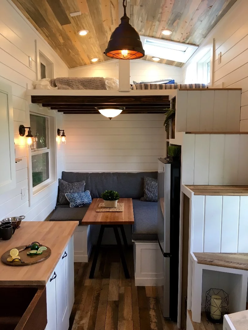 View towards the Rocky Mountain Tiny Home's lounge area