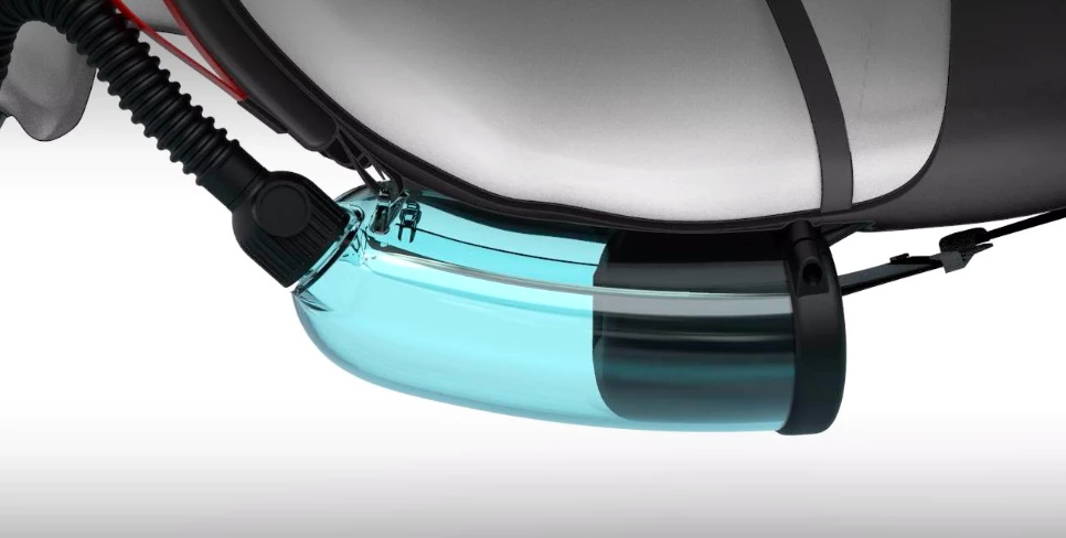 The leg straps pull the diaphragm out, displacing the water and drawing in fresh air from the surface