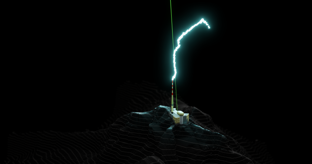 A model constructed from data of an experiment with the Laser Lightning Rod, where the bolt can be clearly seen following the laser beam for a while before reaching the tower
