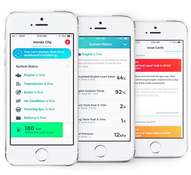 The app supports multiple vehicle profiles and exports user trip data as CSV files