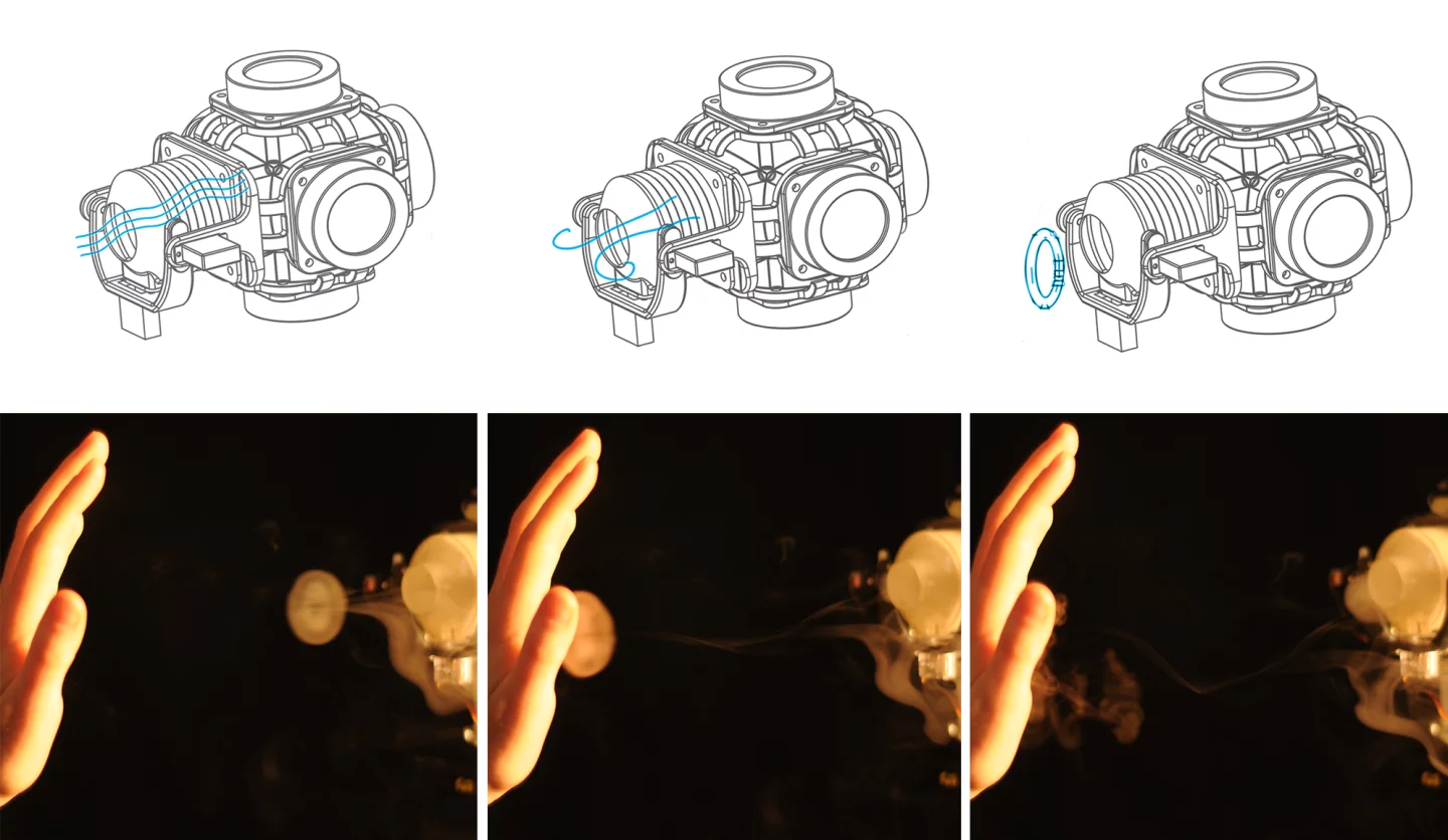 When the speakers are activated, the resulting force is pushed through a flexible nozzle with grooves on the inside like a gun barrel, which forms the air into a vortex