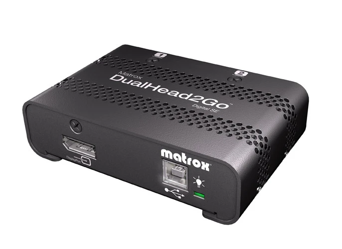 The DualHead2Go Digital SE connects to a system’s DisplayPort video output