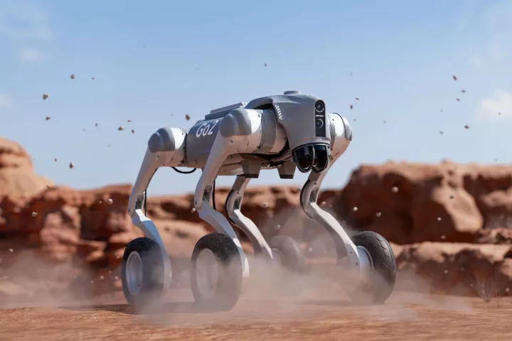 The Go2-W quadruped robot is designed to roll over challenging terrain, while boasting similar agility to non-wheeled robodogs