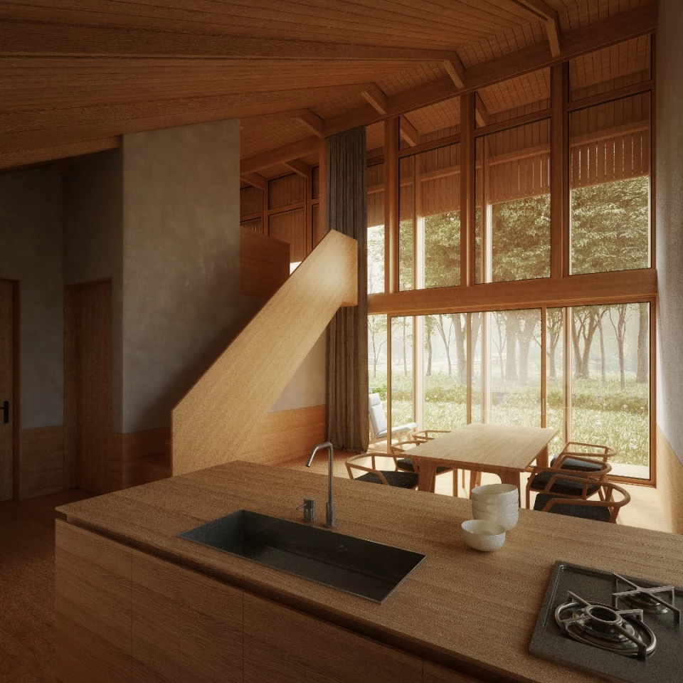 The home features an open kitchen and dining area