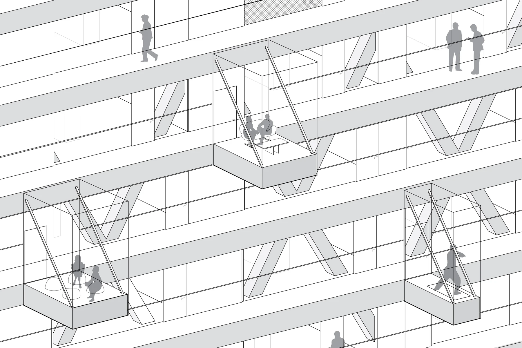 The hollowness that this gives the building means the apartments form a thin perimeter shell with windows facing both outward and inward. That the apartments have windows on either sides also increases the effectiveness of natural ventilation