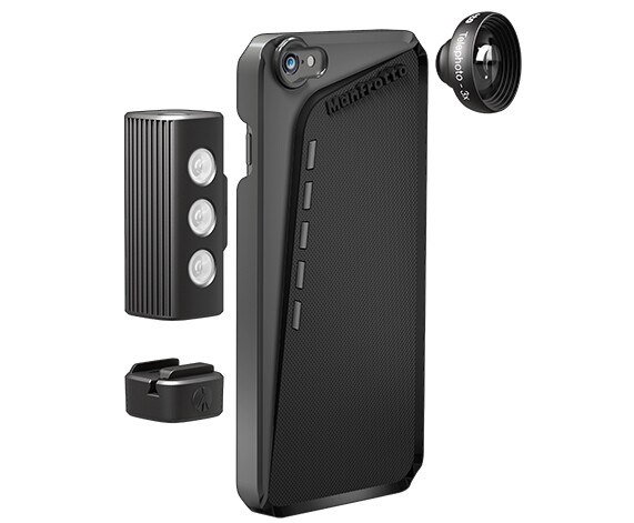 The Manfrotto Klyp+ case for iPhone 6 and 6 Plus can be used with lenses, an LED light, and a kickstand/tripod mount