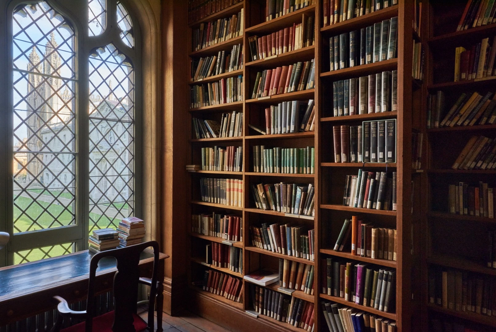 Shortlisted - Library, King's College, Cambridge. "Yesterday's reading material remains stacked on the 20th century desk, looking out from the current library (built 1828) towards the Gibbs' Building (1724), and the back of King's College Chapel (1515)."