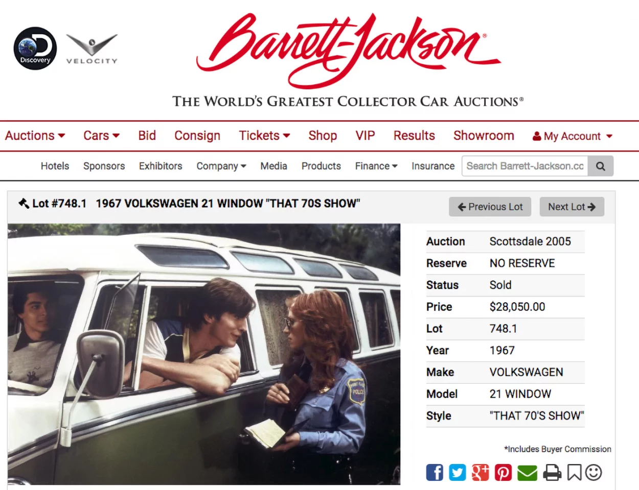 The only time the That 70s Show Samba van has previously been to auction was when it was sold by the production company immediately after being phased out of the show in 2004. At that time it fetched $28,050 at Barrett-Jackson's Scottsdale auction in January, 2005, an extraordinary amount for a Samba van at that time.