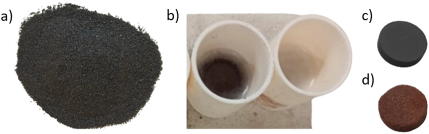 a) Sample of volcanic ash as received, b) alumina crucibles with molten Solar Salt (right) and molten Solar Salt in contact with volcanic ash (left), c) tablet of volcanic ash, and d) after 1,000 cycles between 250 °C–750 °C