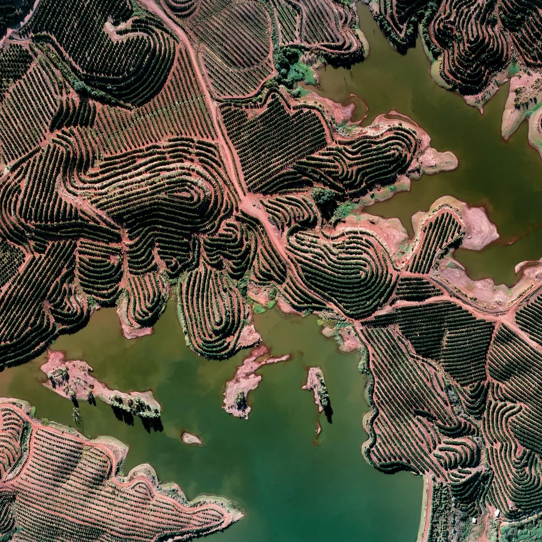 Spanish orange plantations. Farmers have devised a system of hill-terracing and cut irrigation channels to every stair on hill slopes which are fed by powerful water pumps