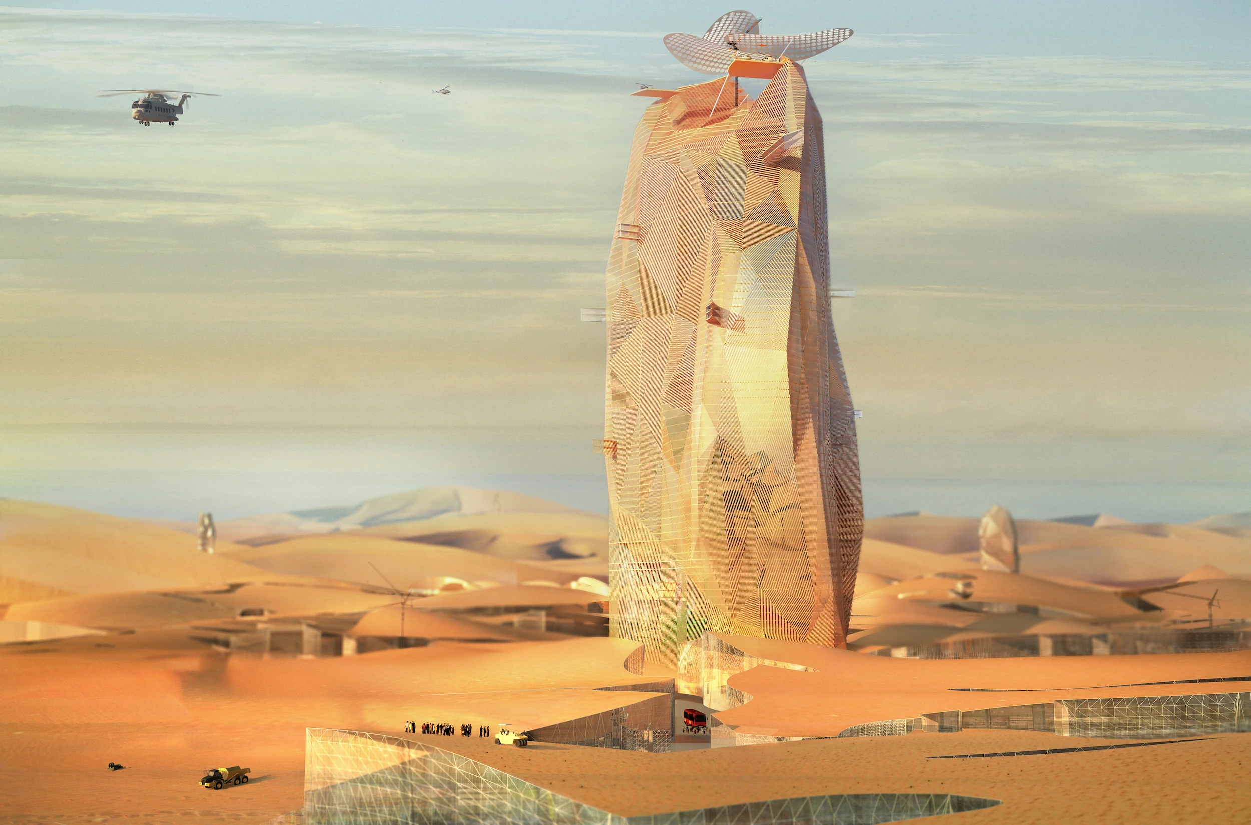From a distance, the City Sand Tower resembles a huge rock rising out of the desert (Image: Manal Rachidi Oxo Architects and Nicolas Laisné Associes)