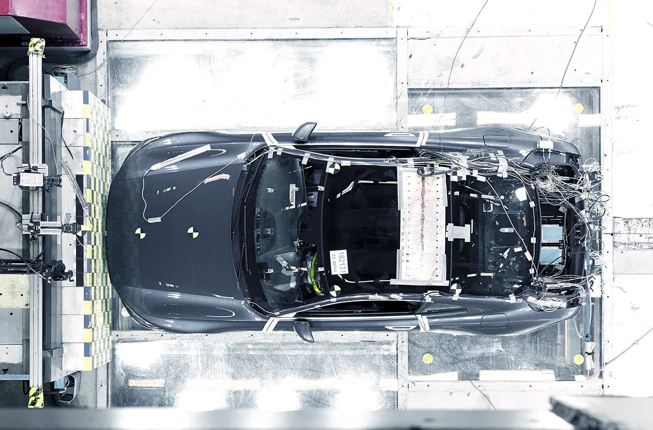 Polestar shuttled its verification prototype head-on in to a stationary barrier at 56 km/h (35 mph) to replicate the impact of a front-on collision