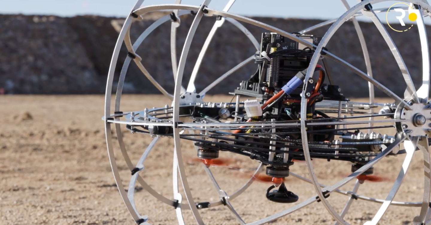 A quadcopter system for flight, and two gyroscopic gimbal rings for rolling