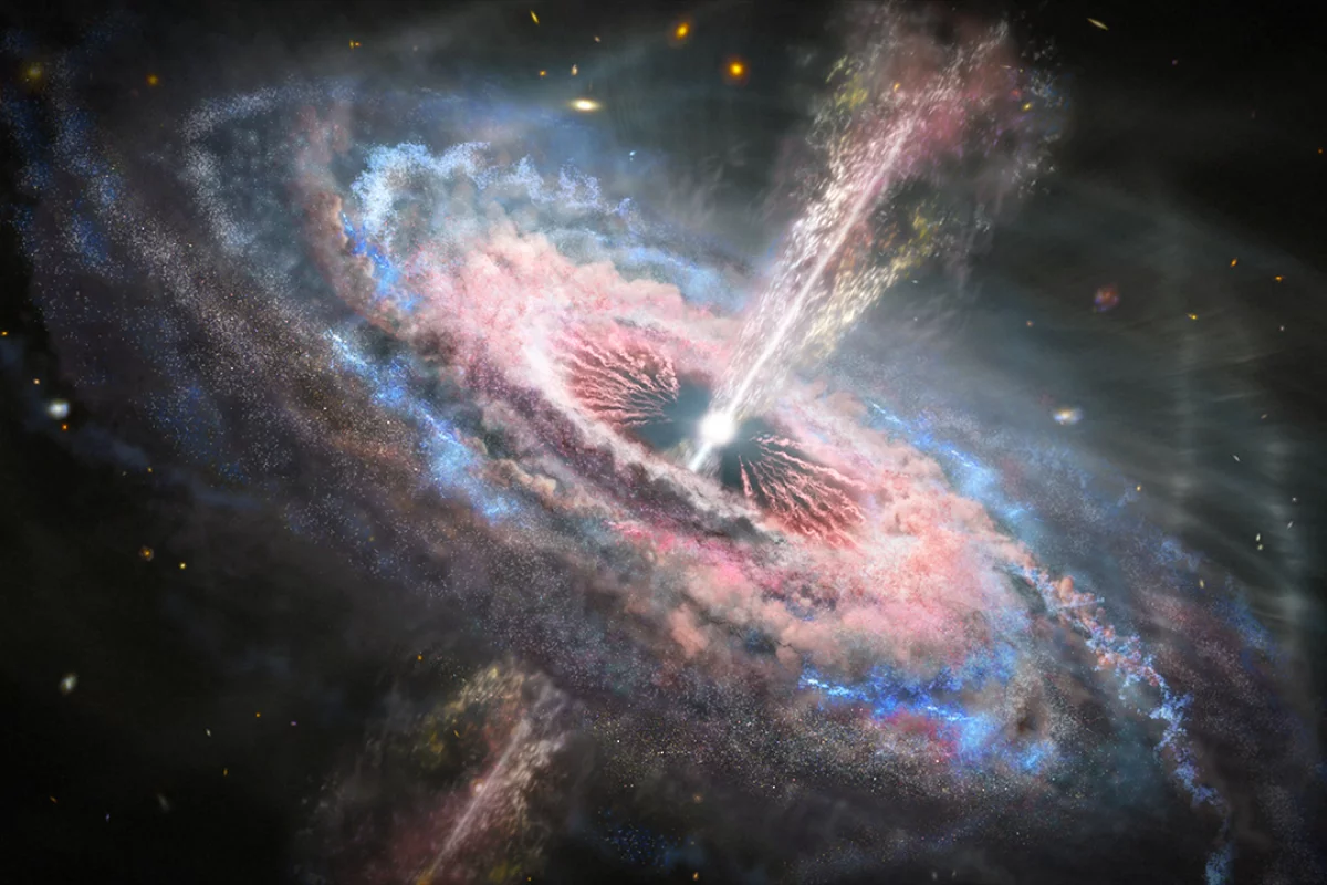 An artist's illustration of an active galactic nucleus (AGN), complete with large radio jets. Galaxy Arp 187 has the remains of these jets but the center has fallen silent