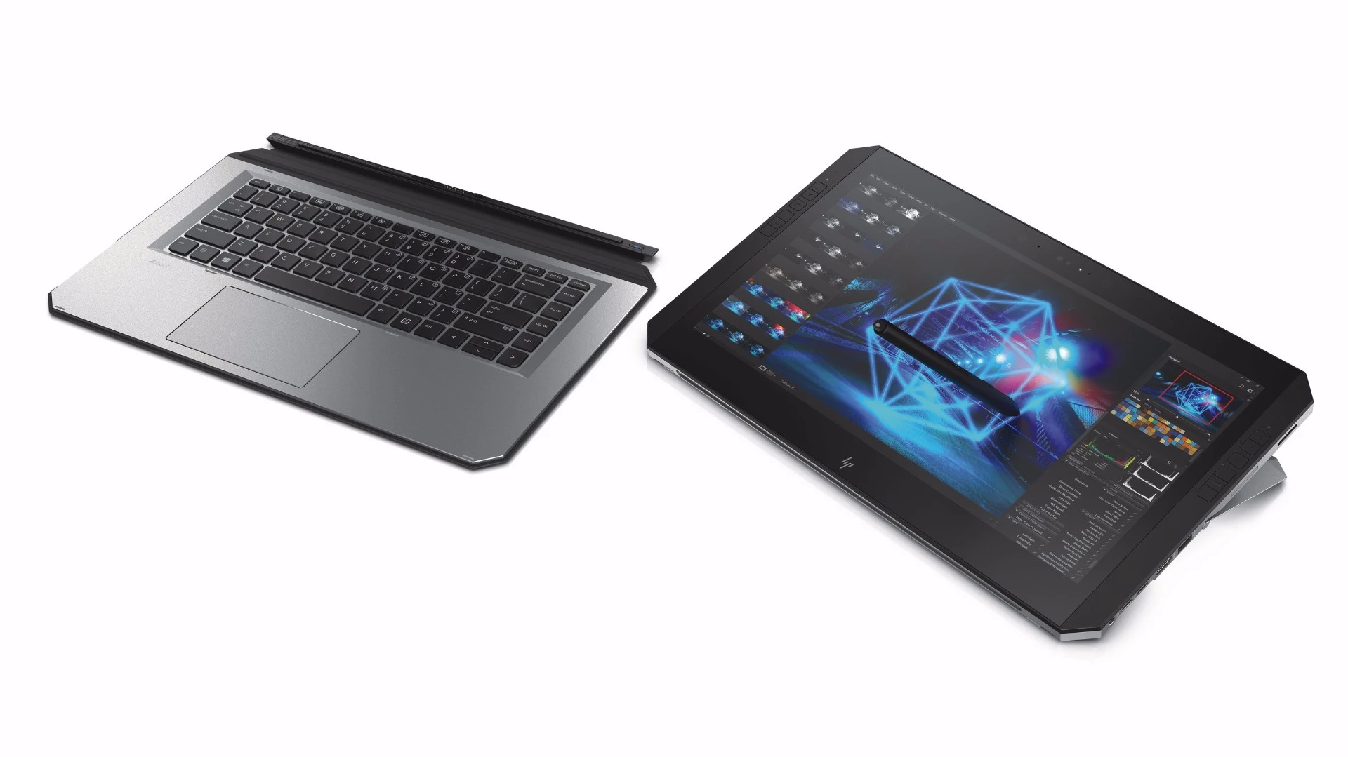 The ZBook x2 in detached mode, where the digital artist can paint on the 4K tablet screen using the battery-free pen and still have access to useful shortcuts on the Bluetooth keyboard to the side