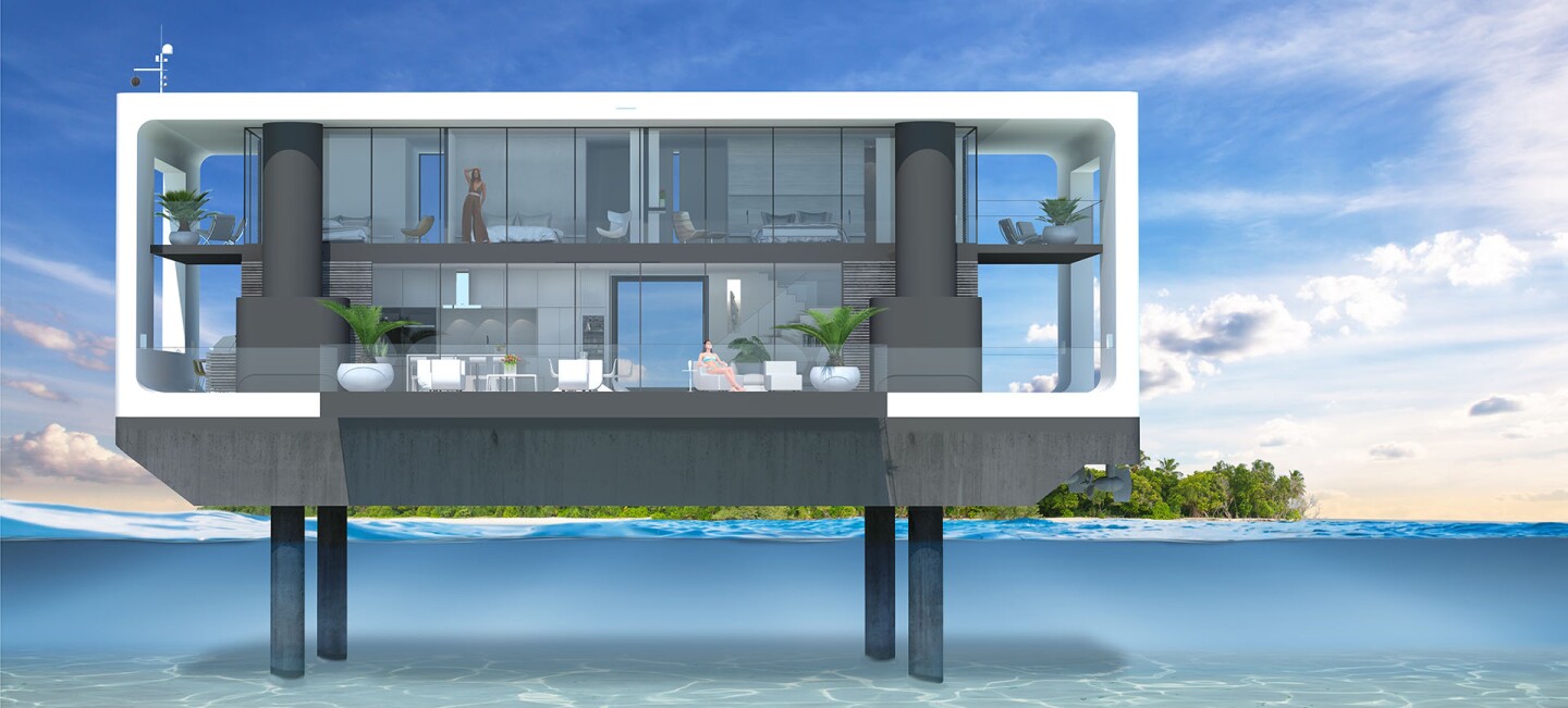 Arkup liveable yacht concept: hydraulic "spuds" stabilize the entire home and can lift it up above 20 feet of water
