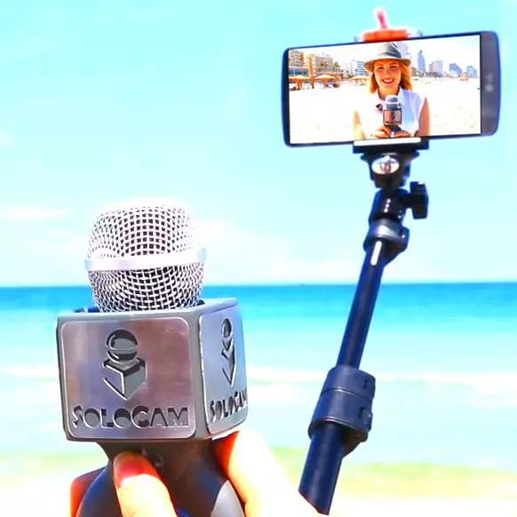 The SoloCam's mic is built into a 180-degree swiveling ring-shaped handle that also contains a joystick-style controller