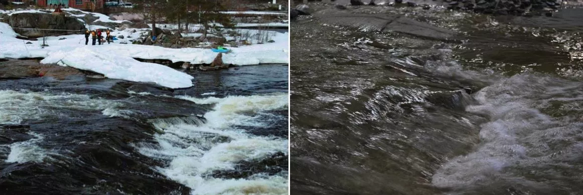 The ledge on the actual River Numedalslaagen (left), and the miniature version of it within the model (Photos: NHC)