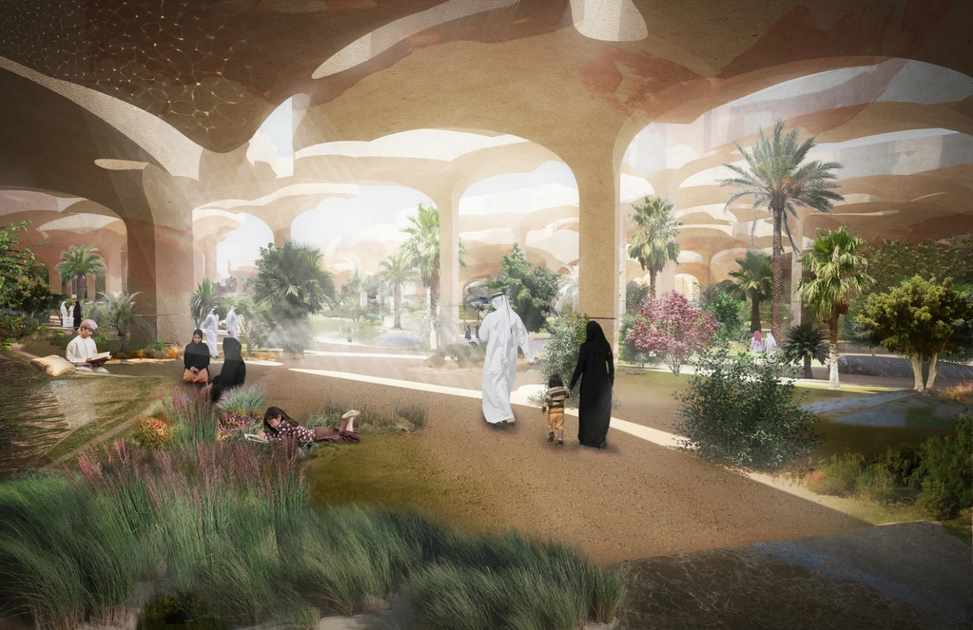 The shaded gardens at Al Fayah Park (image: Heatherwick Studio)