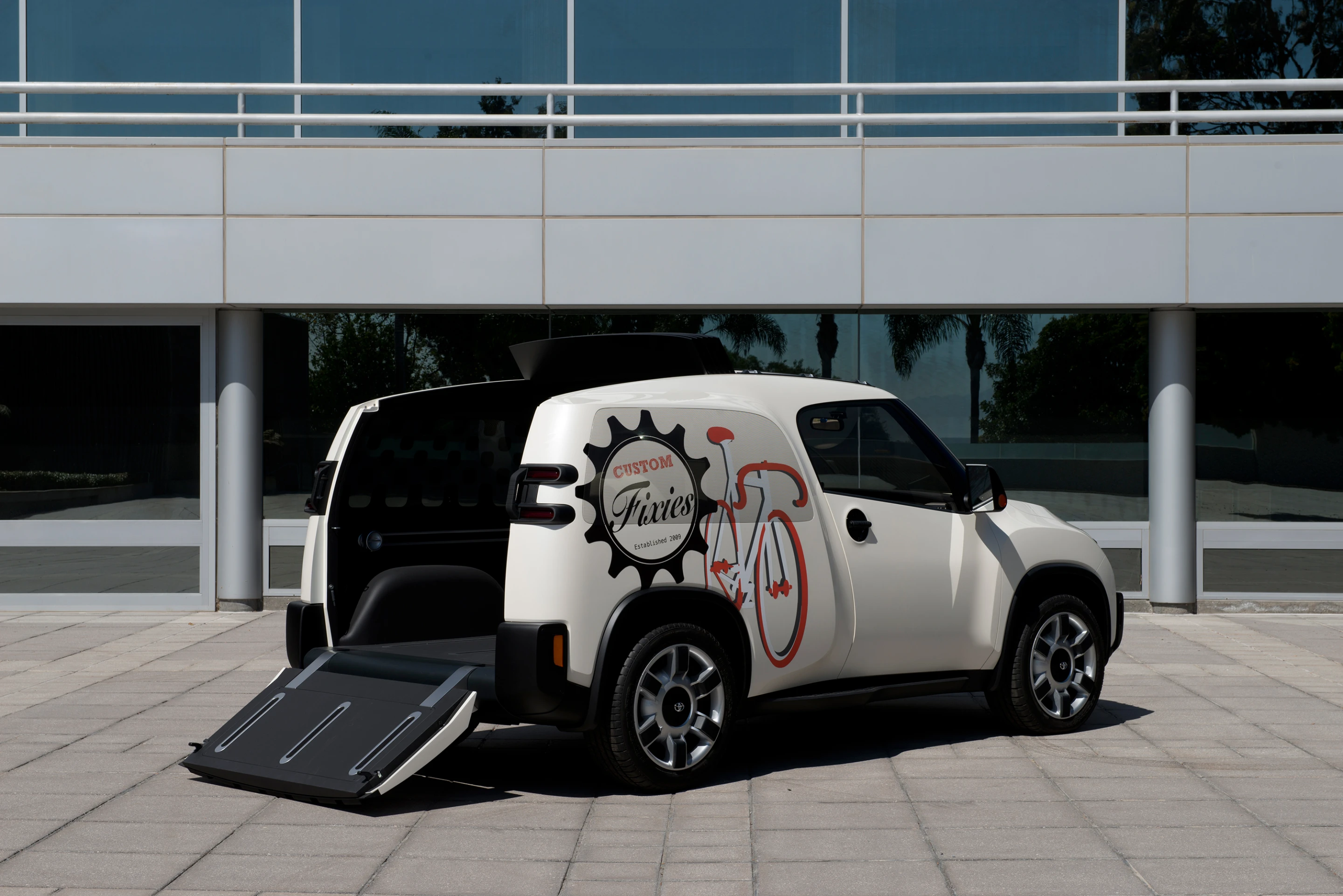 The U2's tailgate borrows versatility aspects from wheelchair access vehicles by folding down and creating a ramp where bikes or Maker gear can be transported or stored
